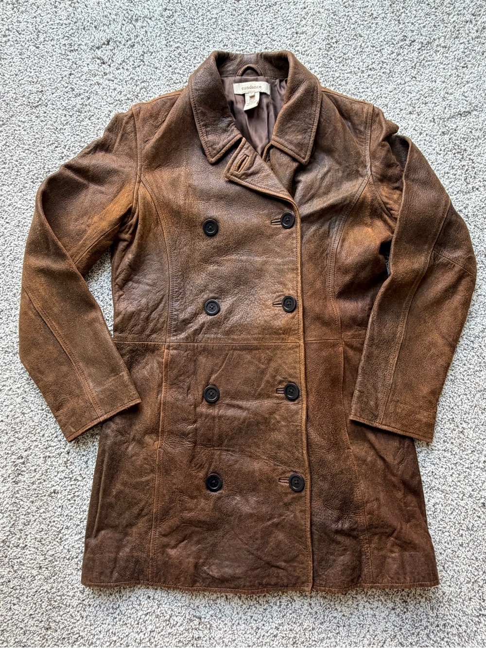 Sundance Genuine Leather Peacoat Jacket Brown Distressed Button Front Size Small
